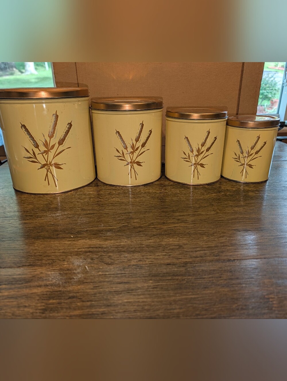 Decoware Vintage 1950s Yellow Metal Kitchen Canister Nesting Tins Brown Cattails